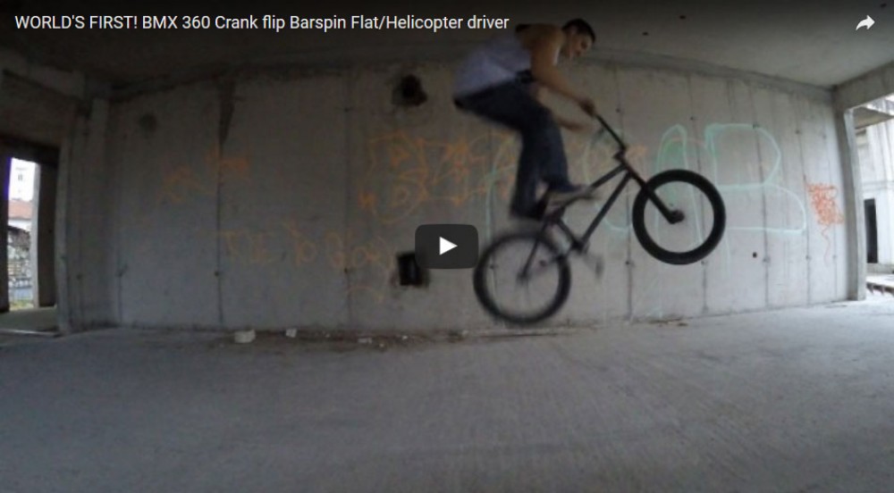 WORLD&#039;S FIRST! BMX 360 Crank flip Barspin Flat/Helicopter driver